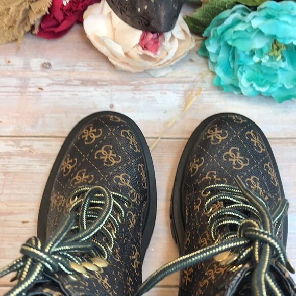 Guess Black/Gold Ferina Combat Lace up Boots - Picture 4 of 8